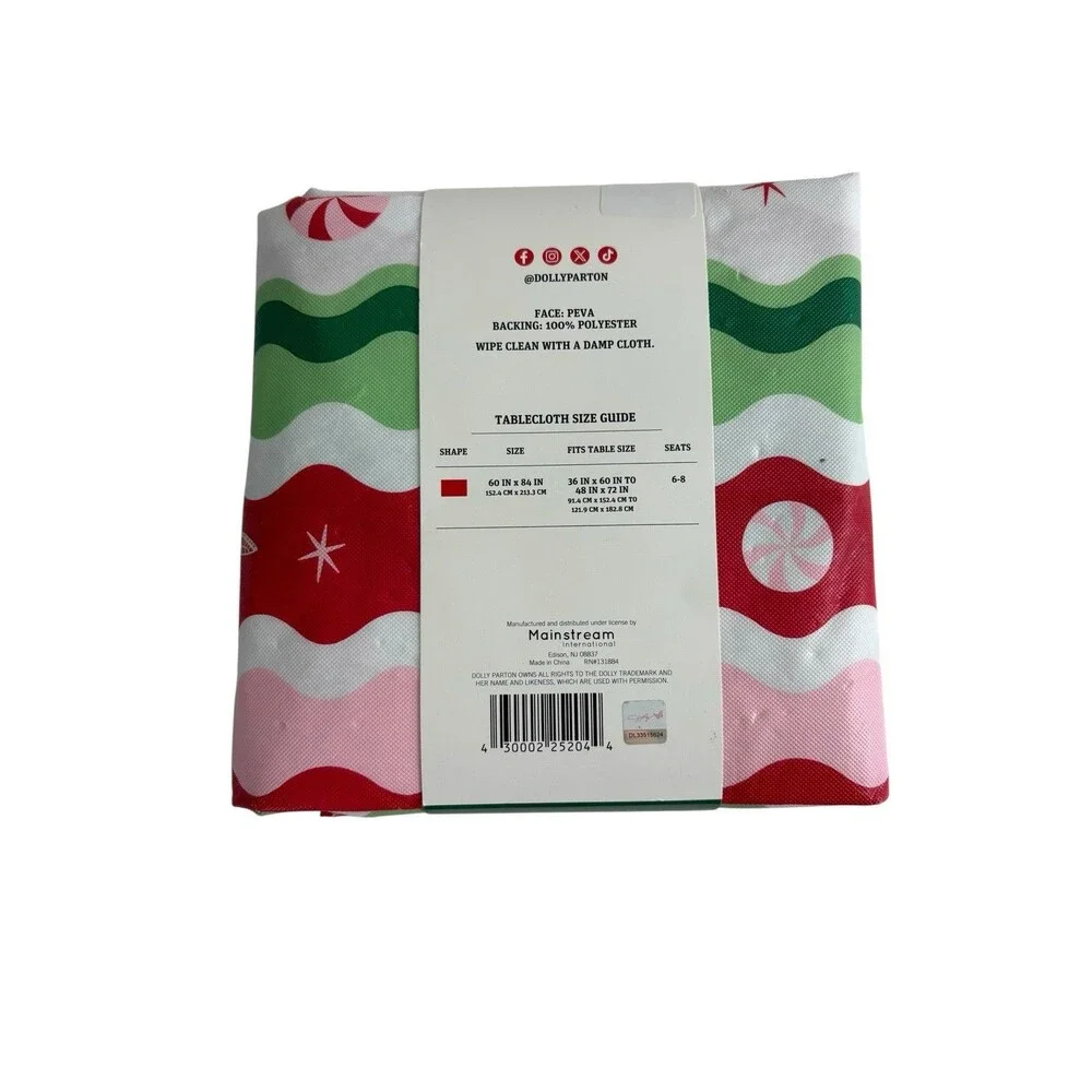 Dolly Parton Peppermint Stripes Rectangle 60x84 Christmas Vinyl Tablecloth NEW